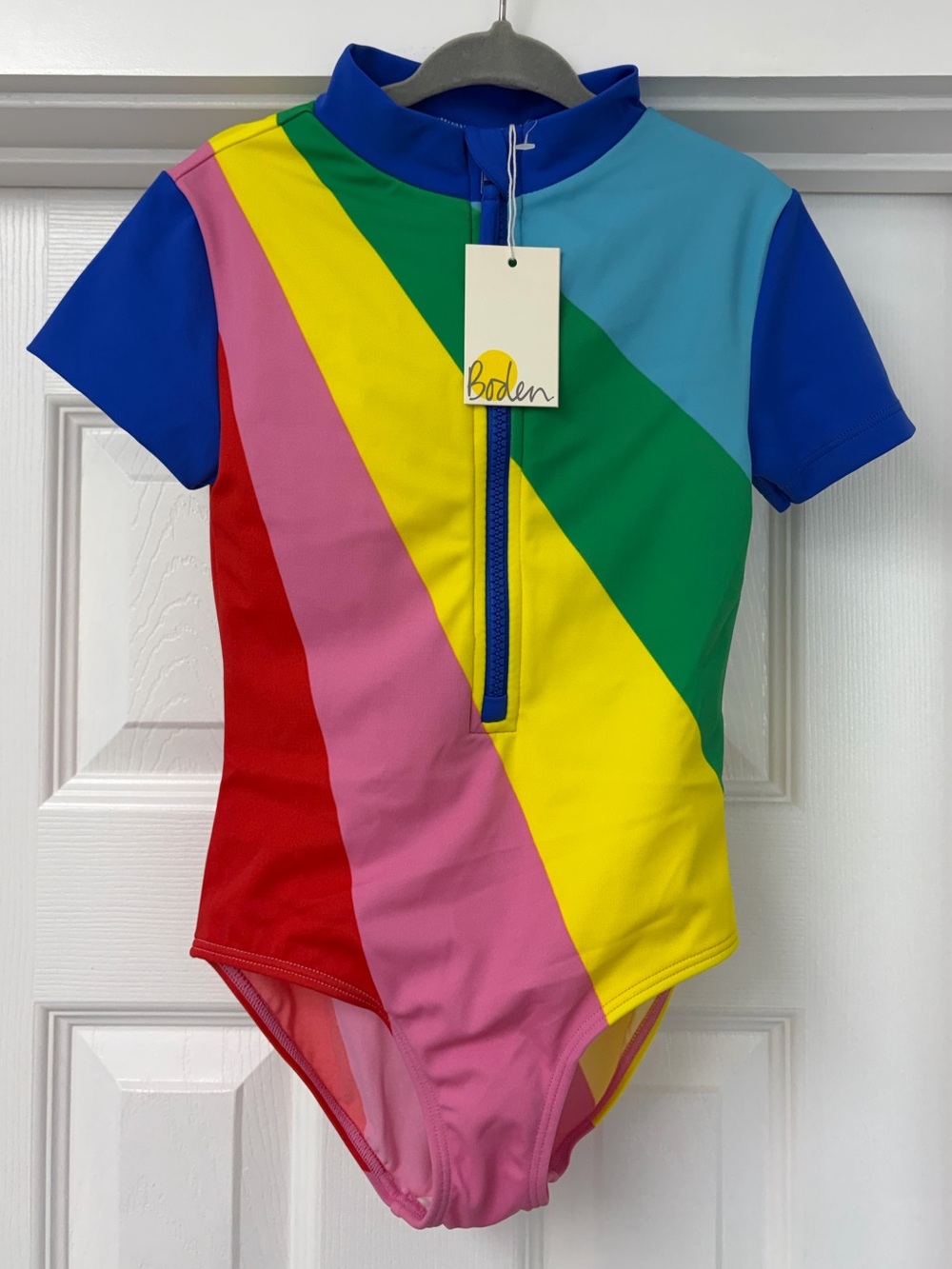 Boden Girls 6/7 | Rainbow Zip-Front Swimsuit in Blue, Green, Yellow, Pink, Red